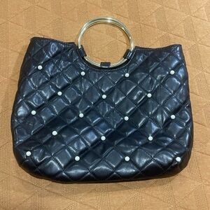 Quilted Black Handbag With Pearls and Gold Hoop Handles